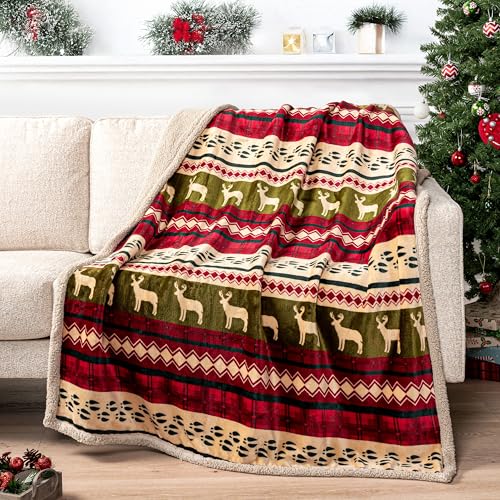 PAVILIA Premium Christmas Blanket Sherpa Fleece Throw| Plush Christmas Decoration, Reindeer, Cozy Reversible Winter Holiday Cabin Blanket for Sofa Couch 50x60