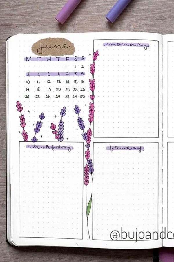 bullet journal spread with lavender