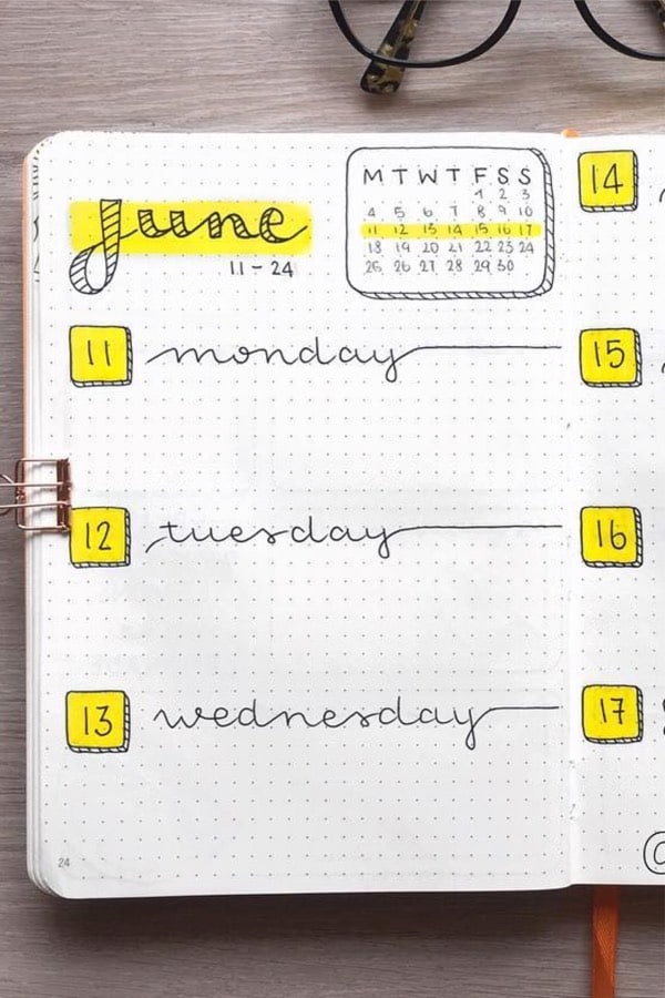 bullet journal weekly with yellow