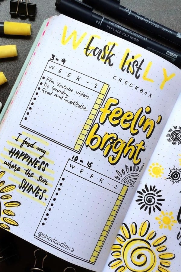 yellow task list for bullet journal