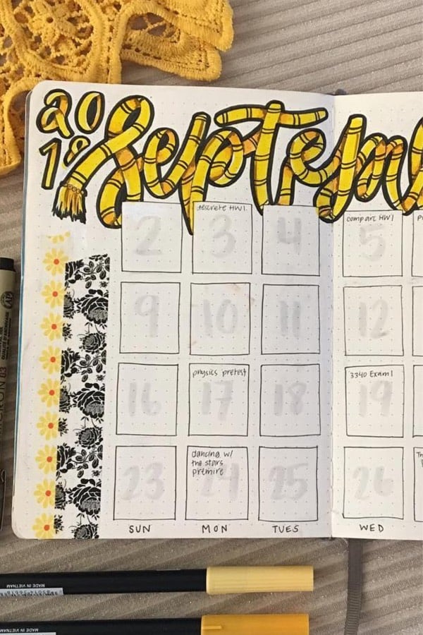 cute bujo monthly spread with yellow