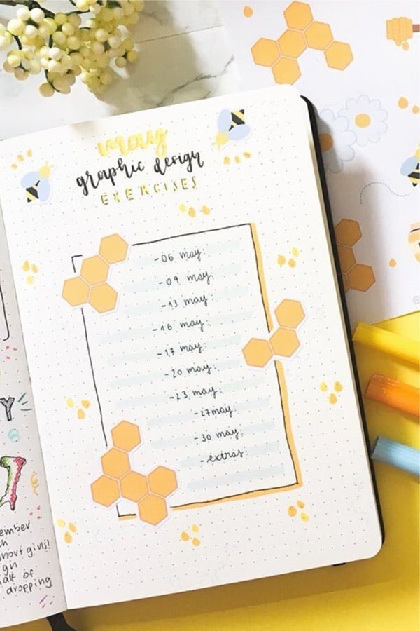 cute bujo spread with bee theme