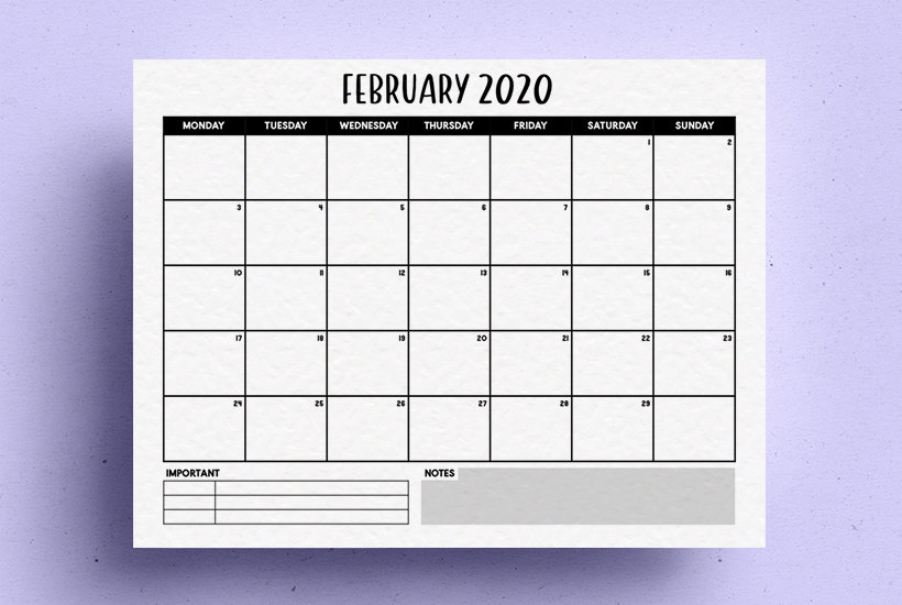 blank monthly calendar for 2020