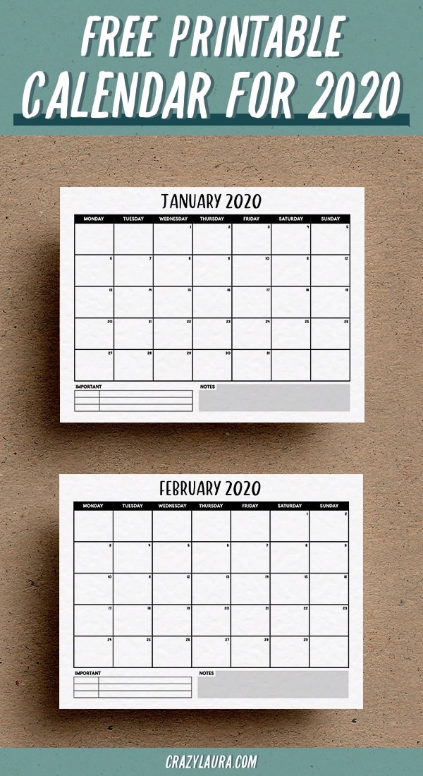 free monthly calendar printable for 2020