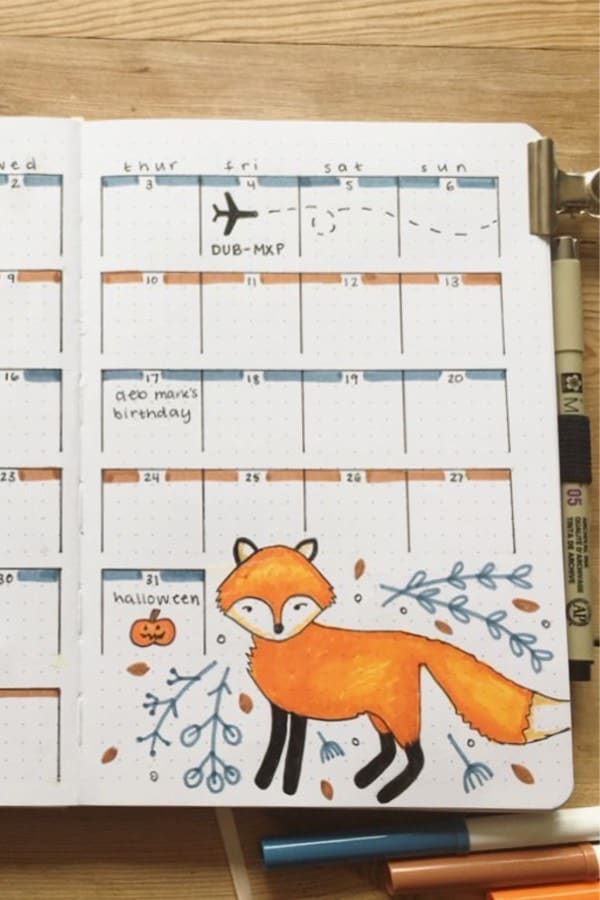 cute monthly log with fox doodle