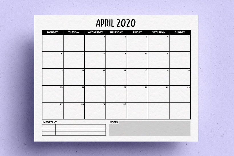 free monthly calendar printable for april