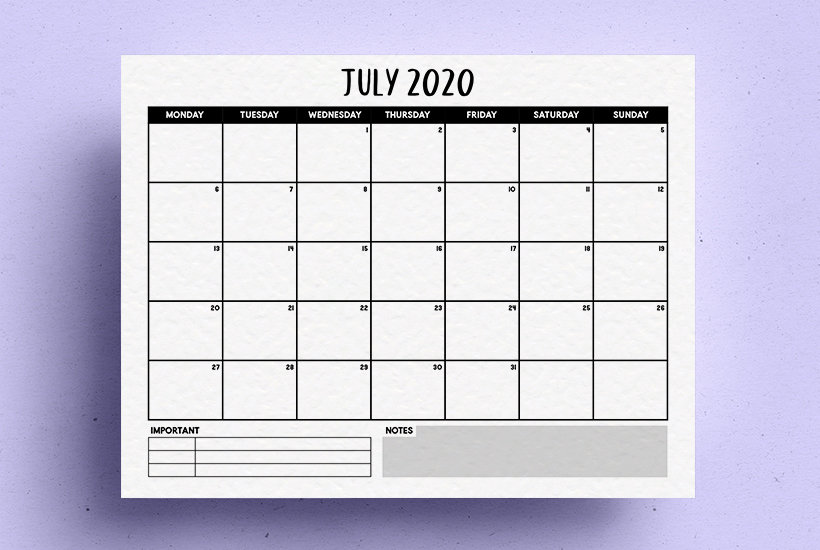 july monthly calendar free printable