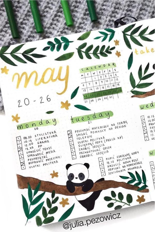 bullet journal layouts with green theme