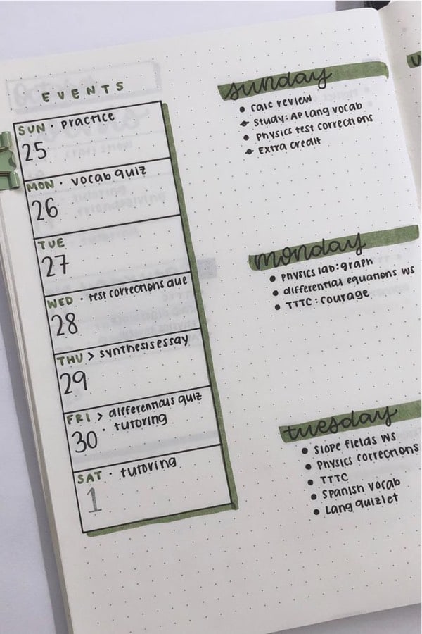 bullet journal layout ideas with green theme