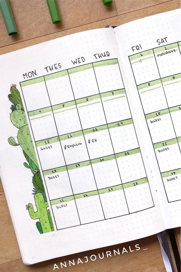 bujo monthly spread with green theme