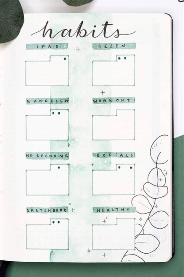 bullet journal tracker with green theme