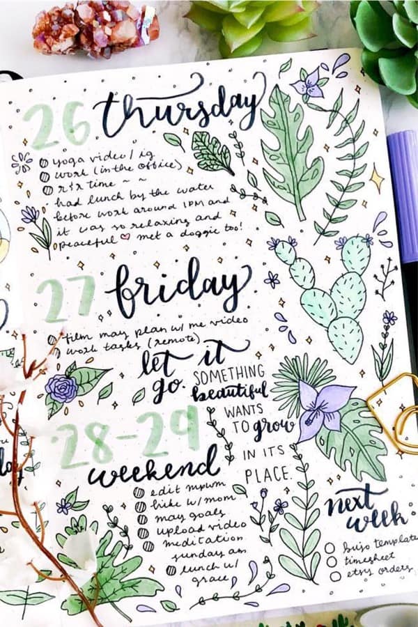 bullet journal layouts ideas with green