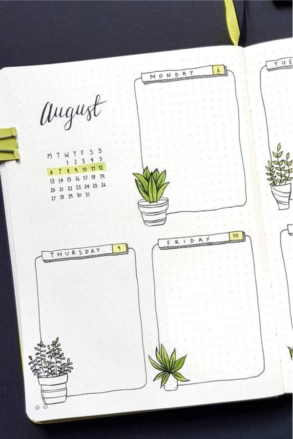 bullet journal spread with green doodles
