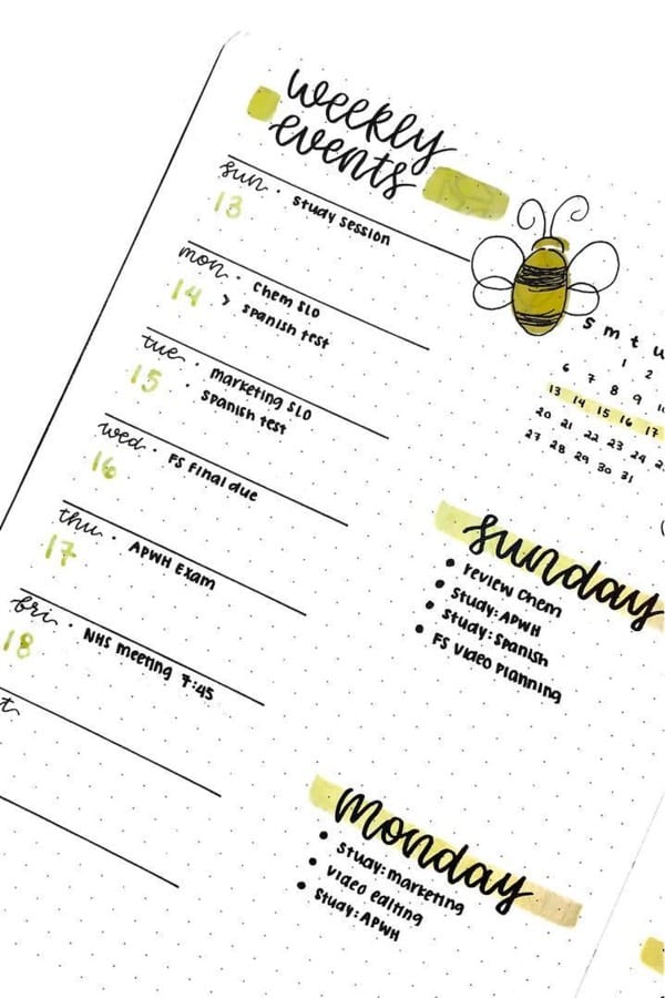 bee themed bullet journal spread inspo