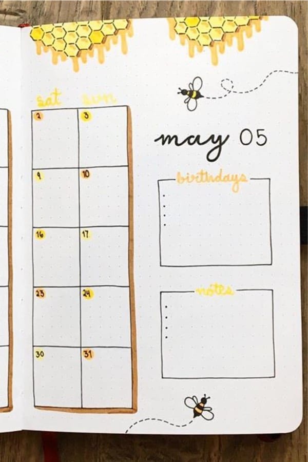 bullet journal monthly spread with honey bees