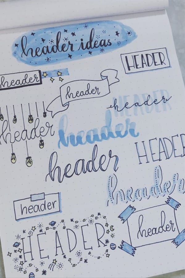 dot journal header ideas in blue