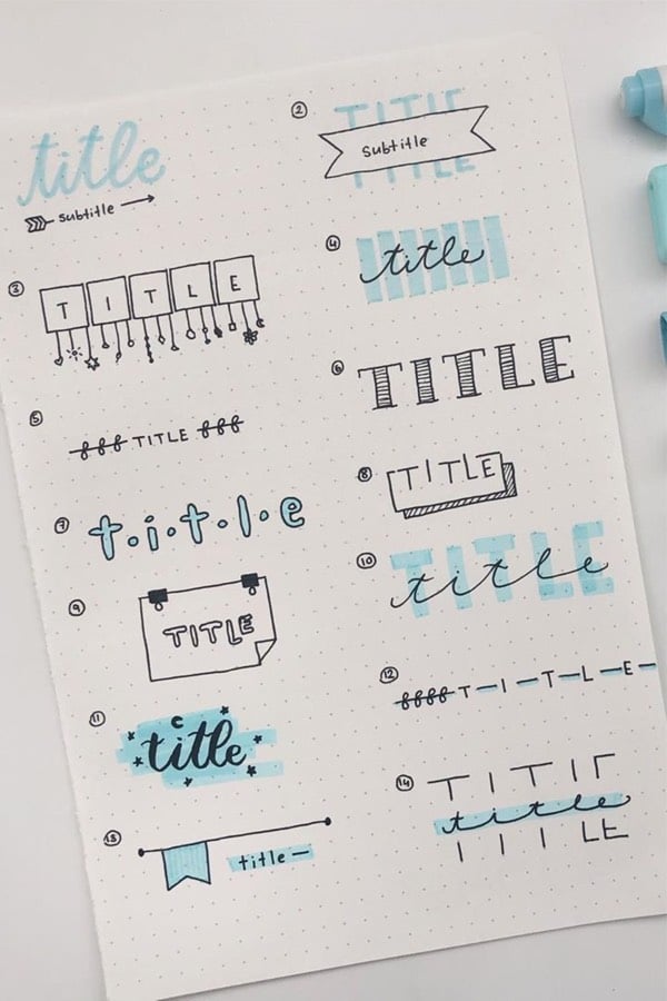 light blue colored titles for bujo spreads