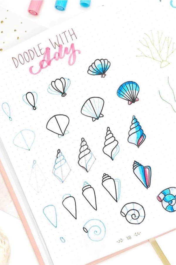 summer doodles with seashells