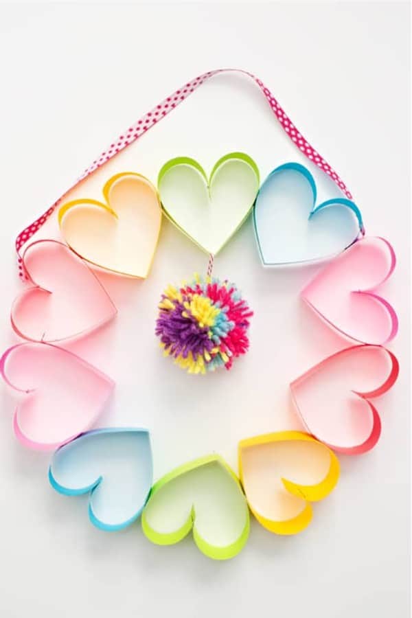 rainbow paper heart wreath craft idea