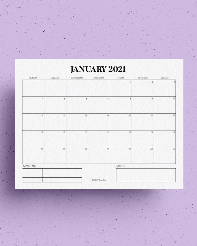 Free Horizontal Calendar Printable for 2021 - Crazy Laura