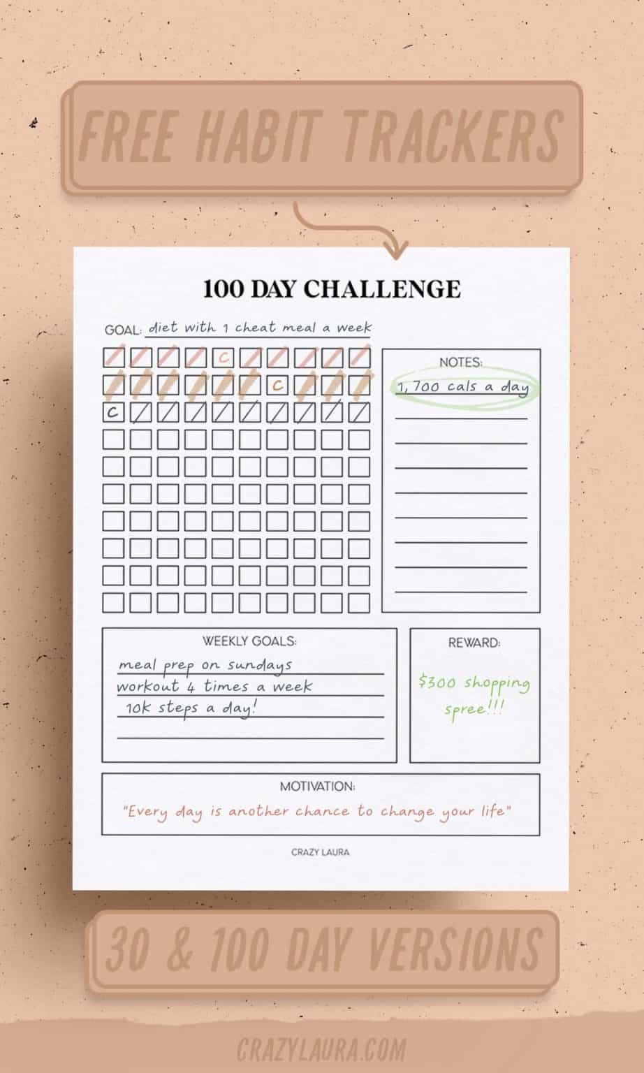 Free Challenge Tracker Printable With 30 & 100 Day Pages