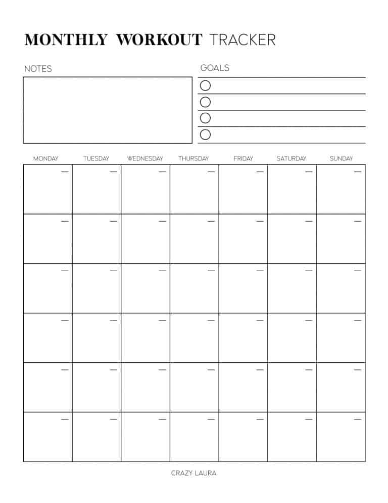 Free Workout Tracker Printable Weekly & Monthly Versions - Crazy Laura