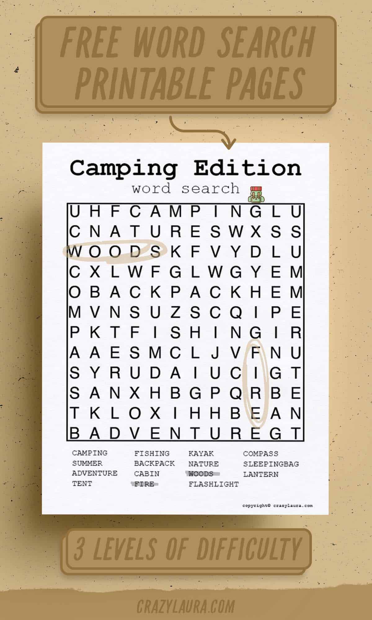 camping word search kids template
