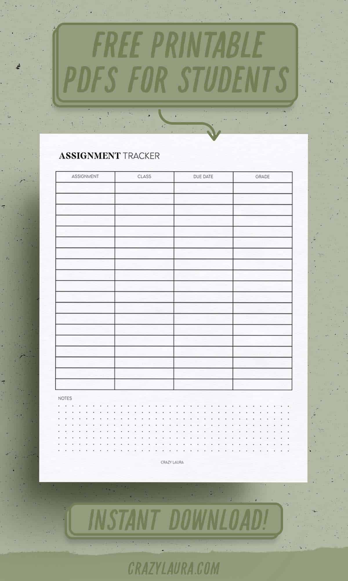 assignment tracker printable for free