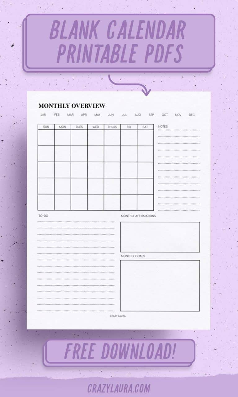 Free Monthly Calendar Overview Printable & Blank Version - Crazy Laura