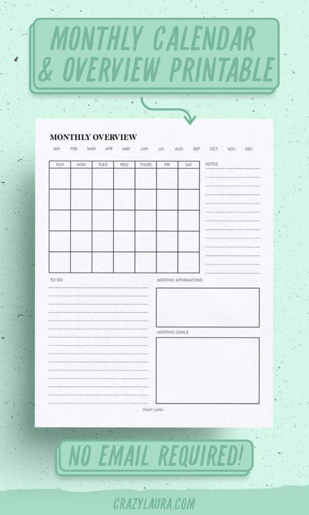 Free Monthly Calendar Overview Printable & Blank Version - Crazy Laura