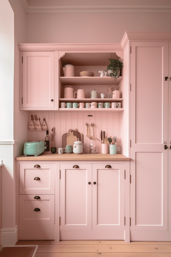 Soft Pink Painted Kitchen Cabinets
