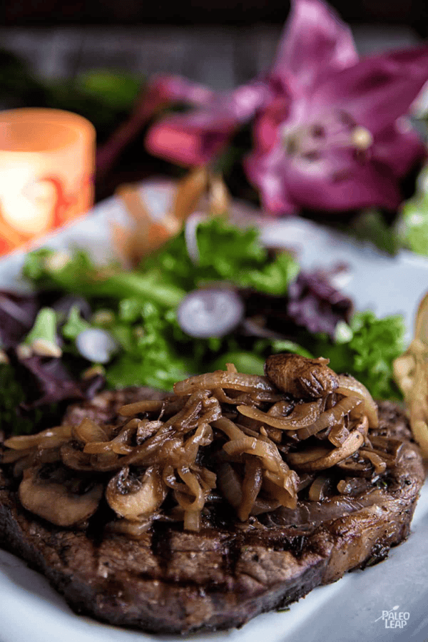 Ribeye with Caramelized Onions and Mushrooms